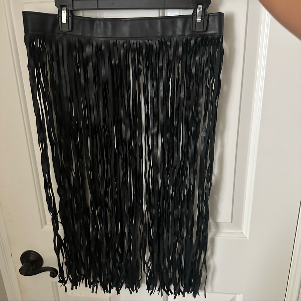 Black Fringe Leather Adjustable Skirt